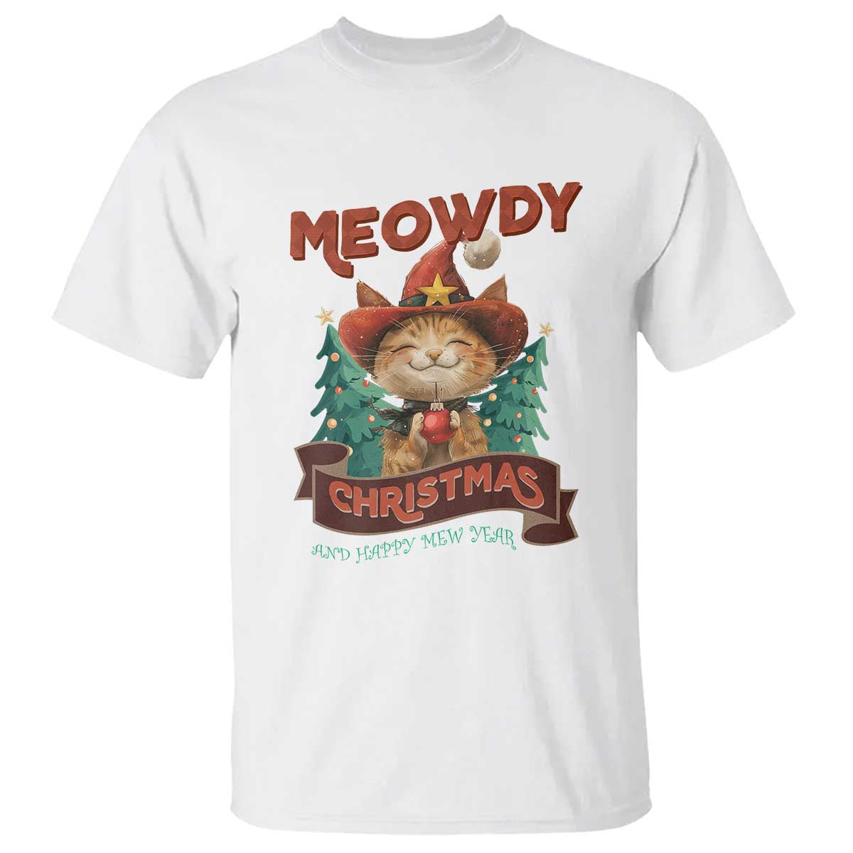 Christmas Cowboy Cat T Shirt Meowdy Christmas And Happy Mew Year - Wonder Print Shop