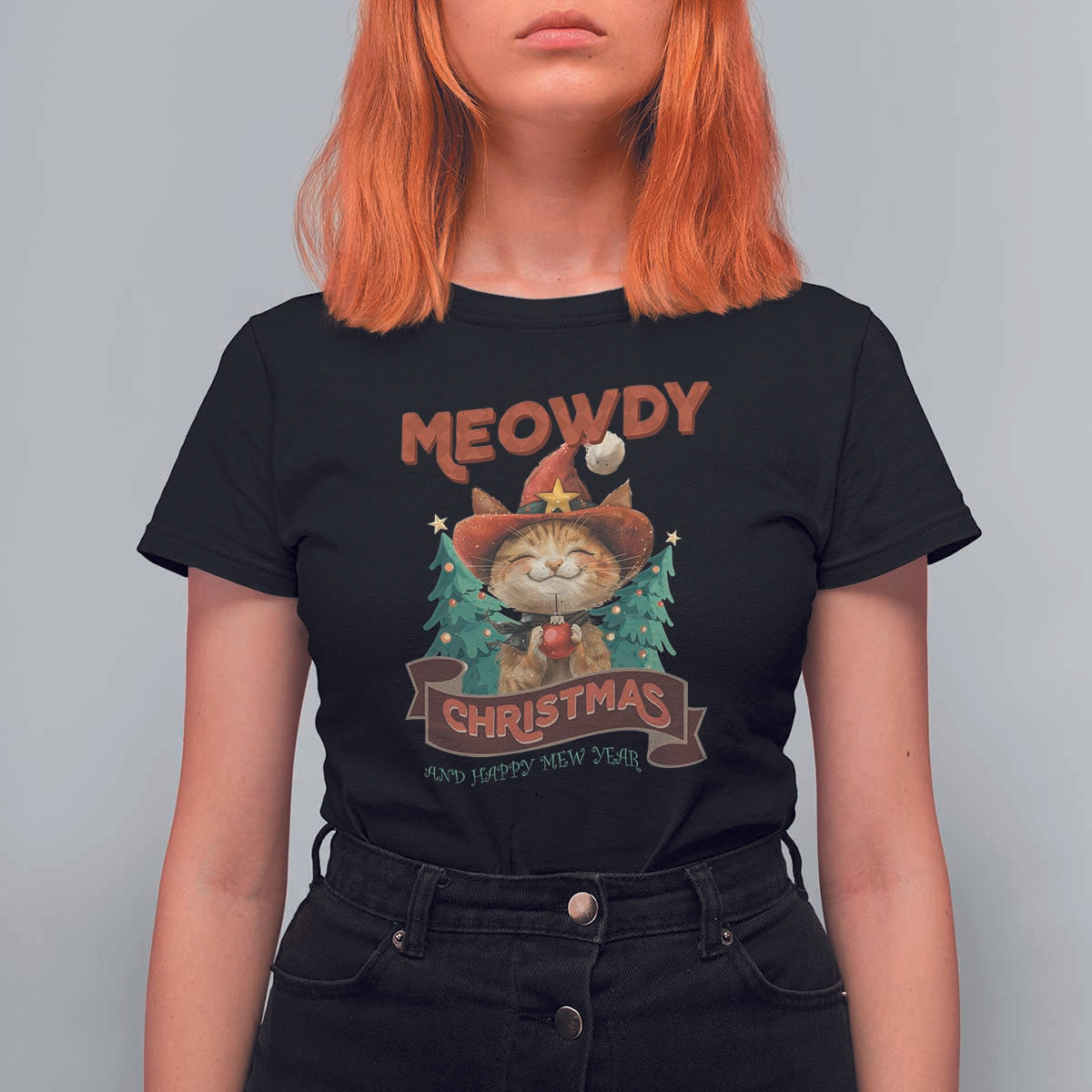 Christmas Cowboy Cat T Shirt For Women Meowdy Christmas And Happy Mew Year - Wonder Print Shop