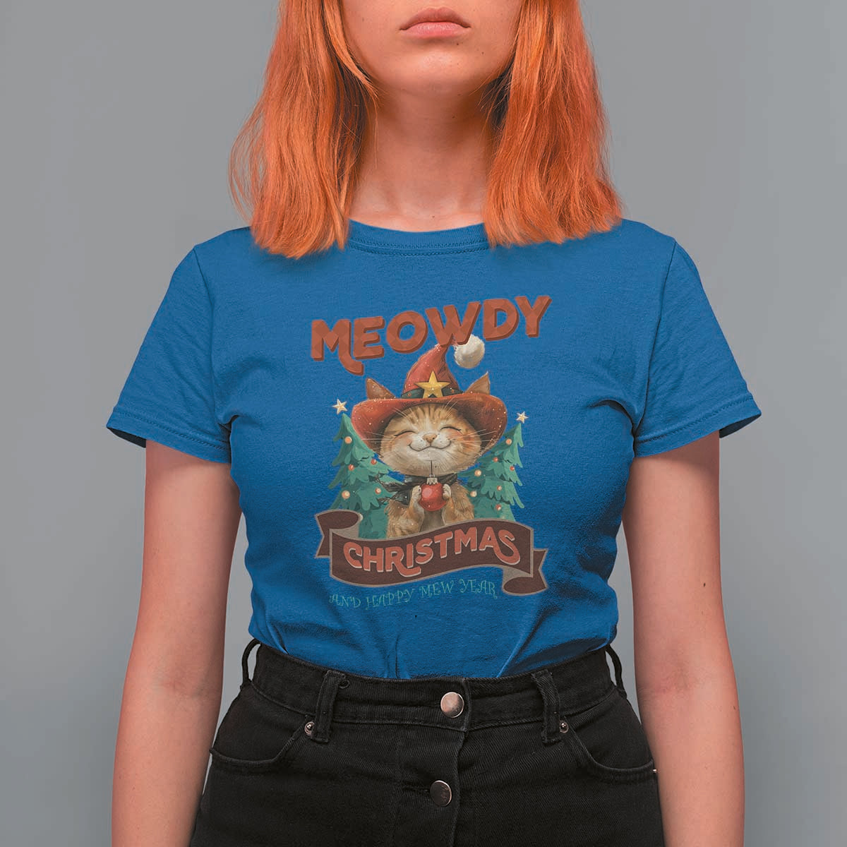 Christmas Cowboy Cat T Shirt For Women Meowdy Christmas And Happy Mew Year - Wonder Print Shop
