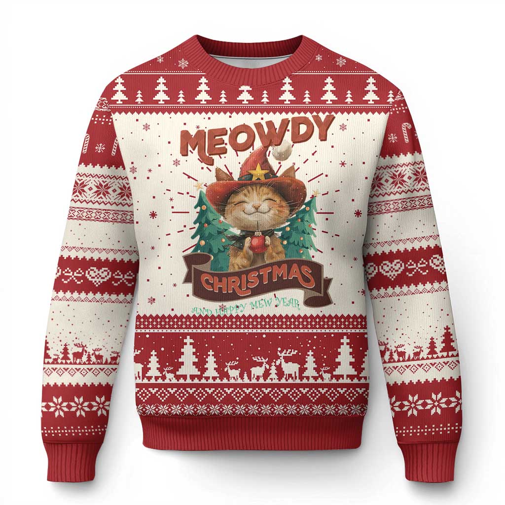 Xmas Cowboy Cat Ugly Christmas Sweater Meowdy Christmas And Happy Mew Year - Wonder Print Shop