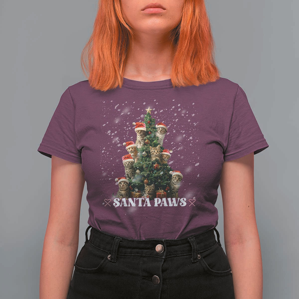Christmas Cat T Shirt For Women Santa Paw And Claw Cats Xmas Tree - Wonder Print Shop