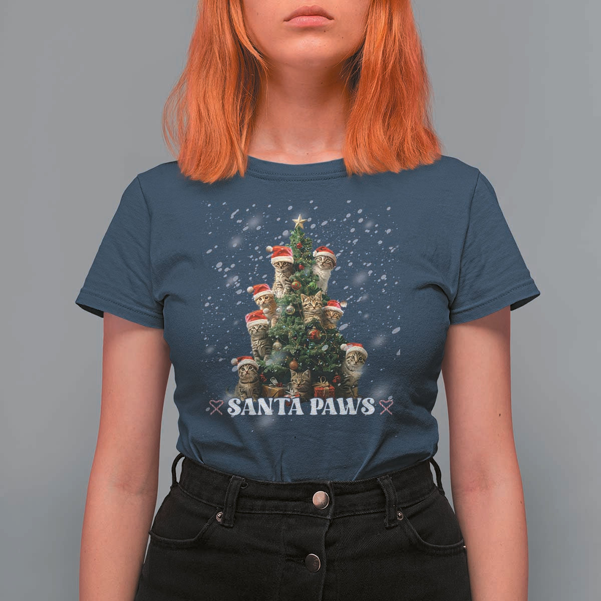 Christmas Cat T Shirt For Women Santa Paw And Claw Cats Xmas Tree - Wonder Print Shop