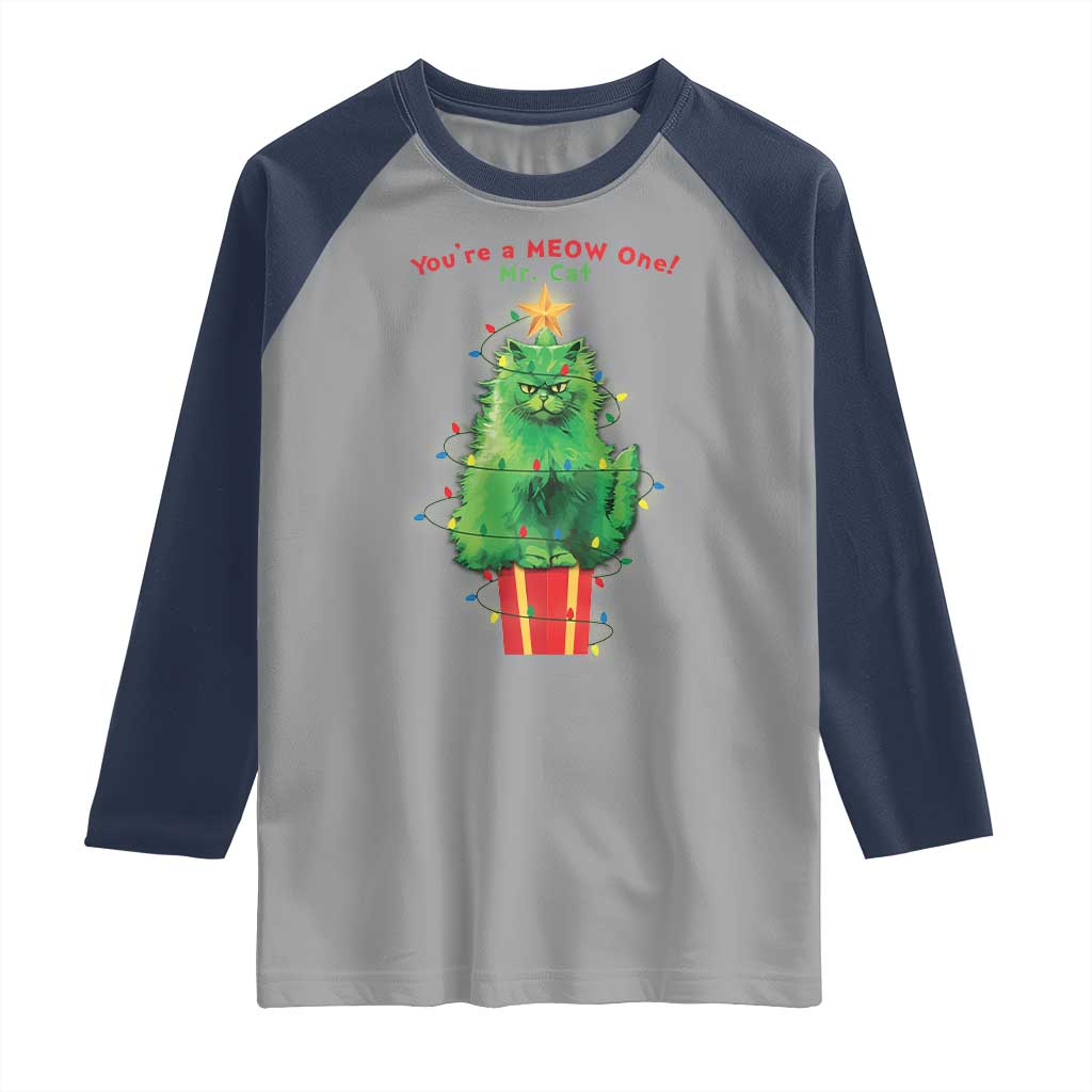 Funny Christmas Cat Raglan Shirt You Are A Meow One Mr. Cat Green Cat