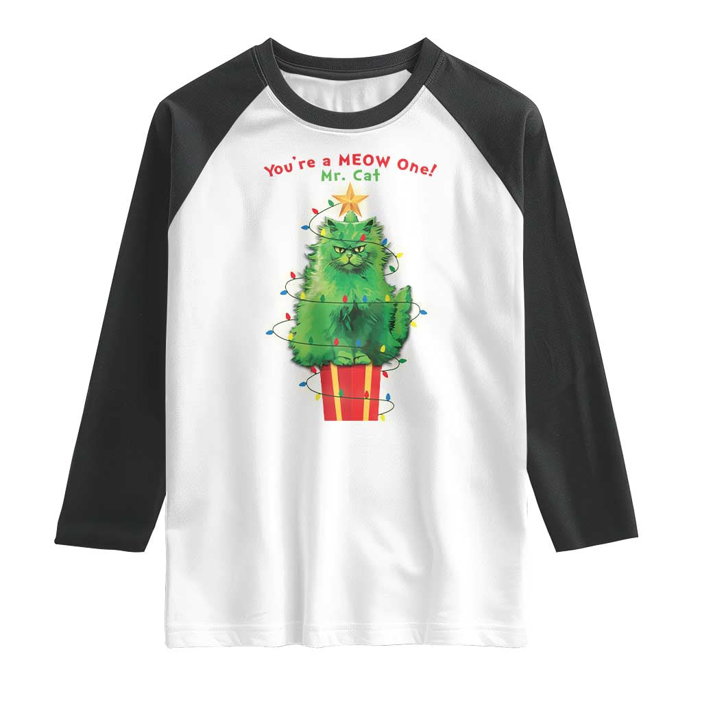 Funny Christmas Cat Raglan Shirt You Are A Meow One Mr. Cat Green Cat