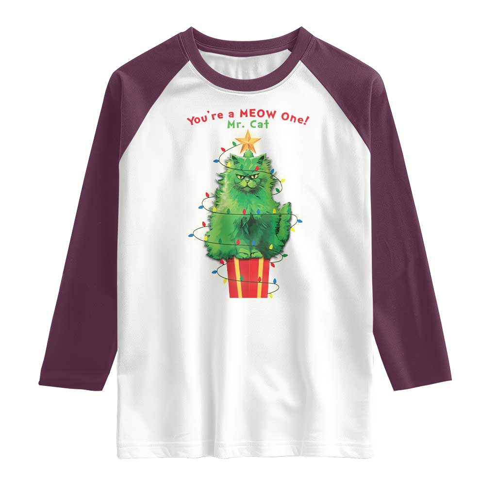 Funny Christmas Cat Raglan Shirt You Are A Meow One Mr. Cat Green Cat