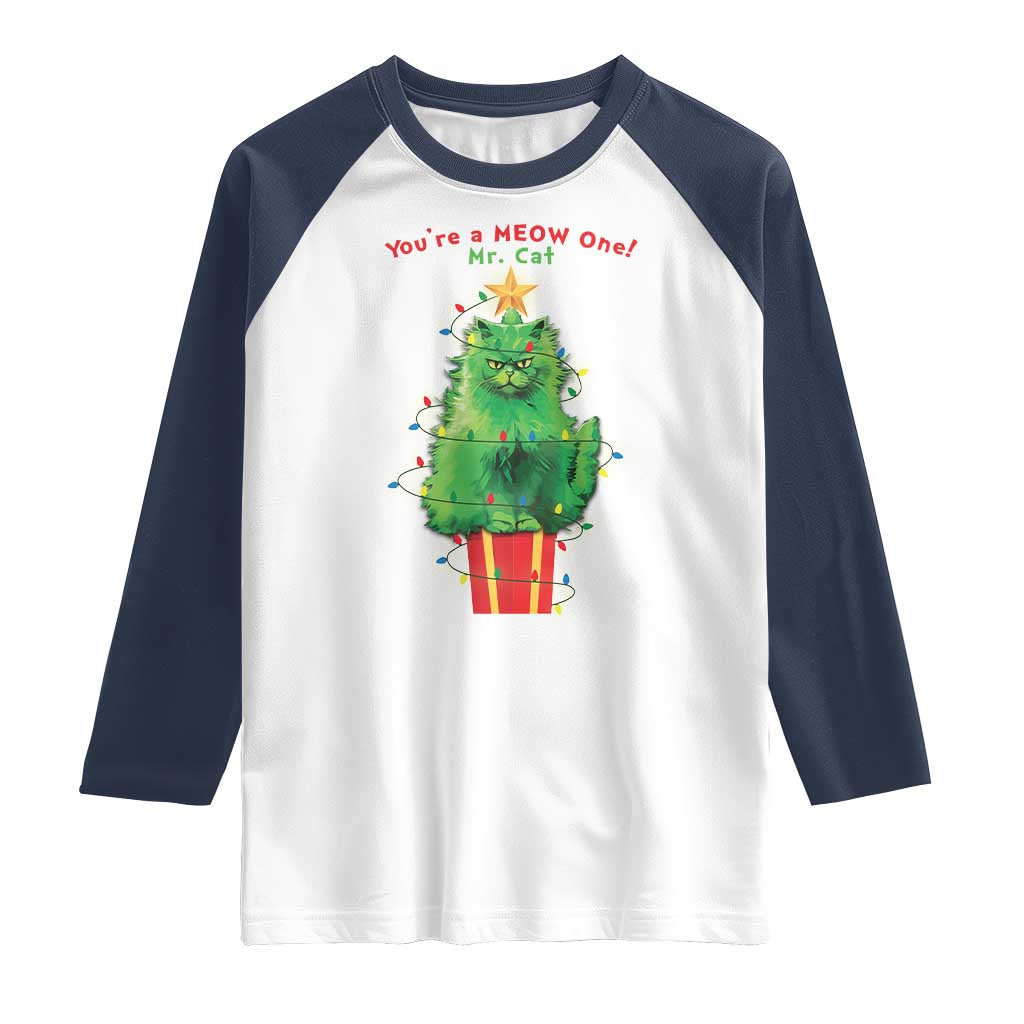 Funny Christmas Cat Raglan Shirt You Are A Meow One Mr. Cat Green Cat
