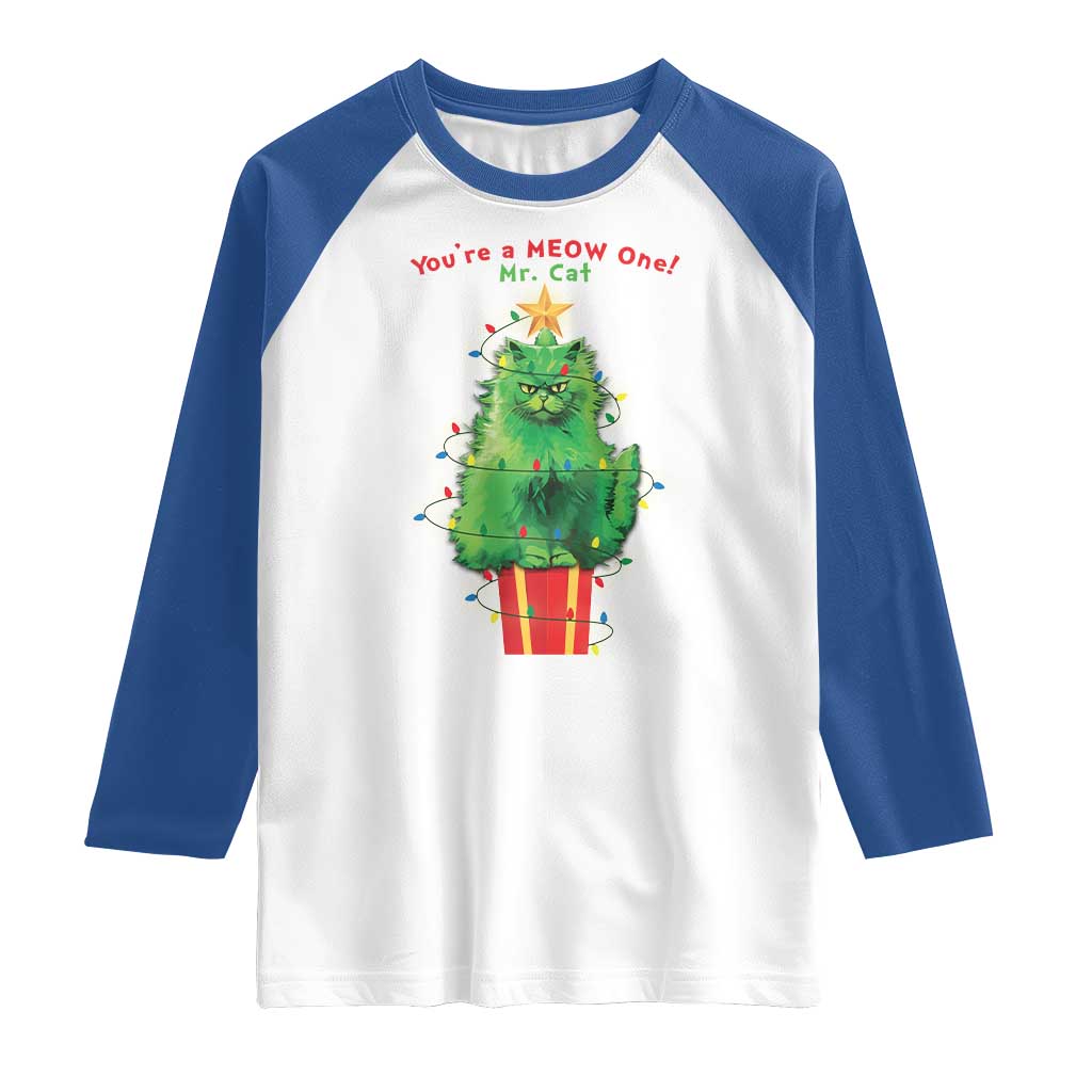 Funny Christmas Cat Raglan Shirt You Are A Meow One Mr. Cat Green Cat