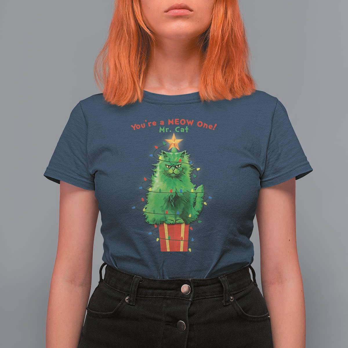 Funny Christmas Cat T Shirt For Women You Are A Meow One Mr. Cat Green Cat - Wonder Print Shop