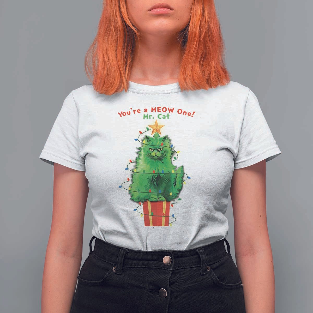 Funny Christmas Cat T Shirt For Women You Are A Meow One Mr. Cat Green Cat - Wonder Print Shop
