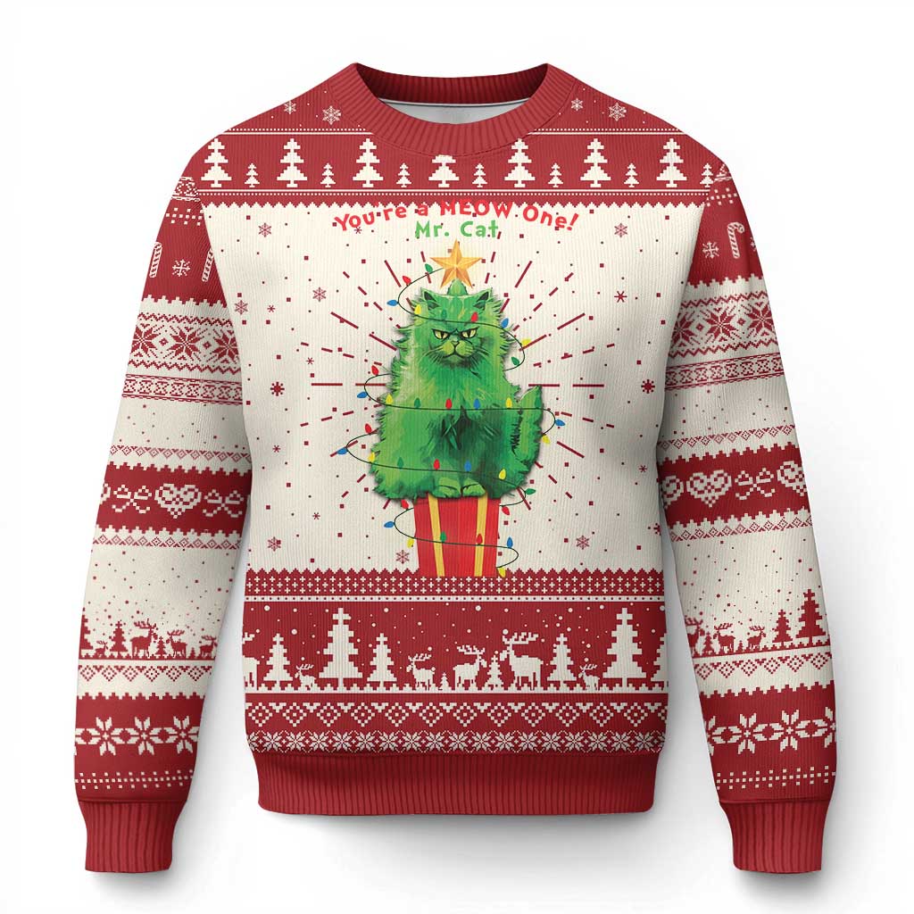 Funny Xmas Cat Ugly Christmas Sweater You Are A Meow One Mr. Cat Green Cat - Wonder Print Shop