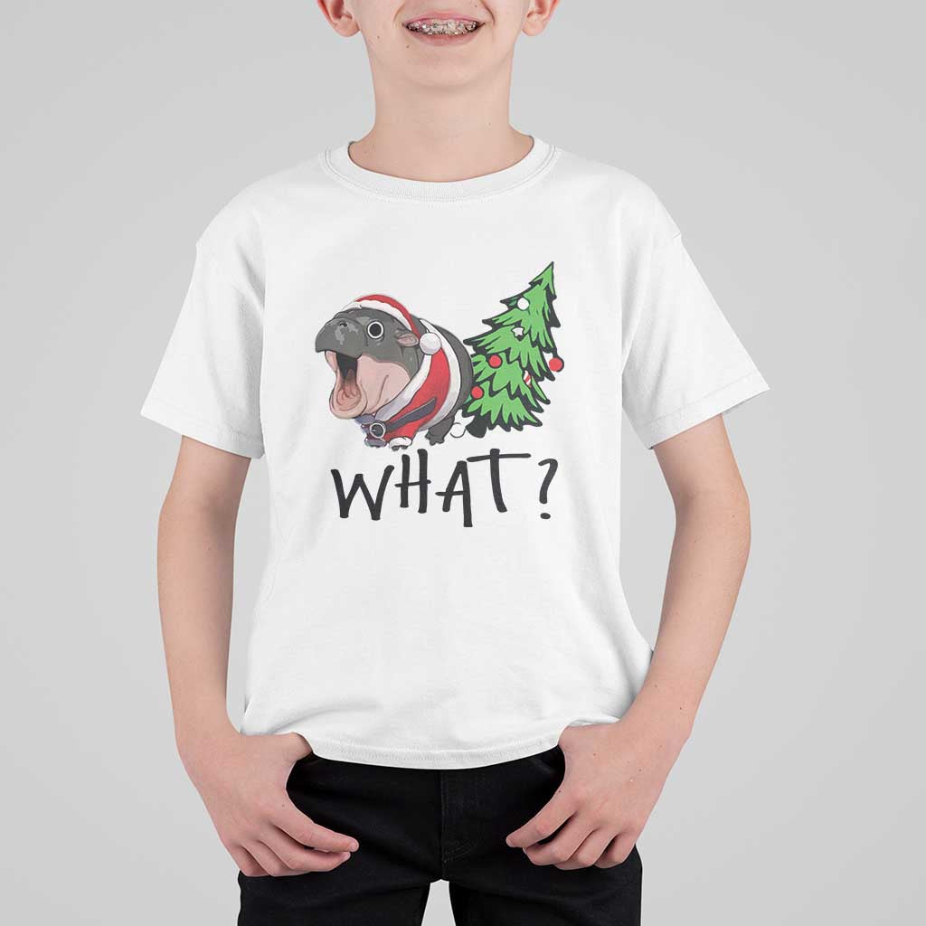 Funny Christmas Moo Deng T Shirt For Kid What Baby Hippo Pushing Christmas Tree - Wonder Print Shop