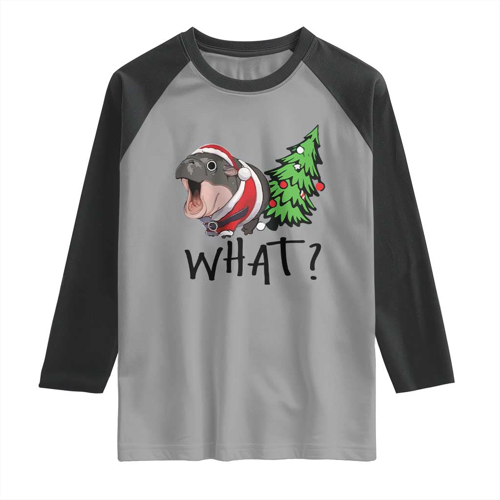 Funny Christmas Moo Deng Raglan Shirt What Baby Hippo Pushing Christmas Tree