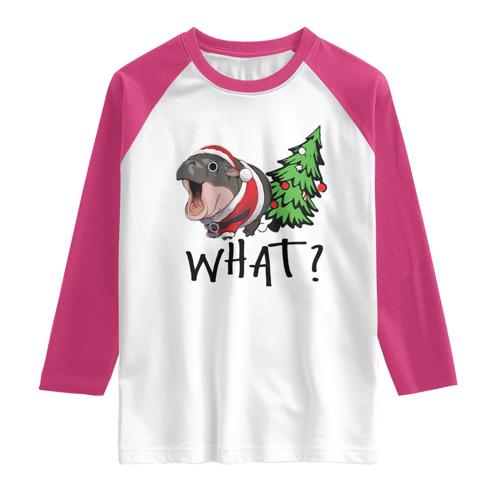 Funny Christmas Moo Deng Raglan Shirt What Baby Hippo Pushing Christmas Tree