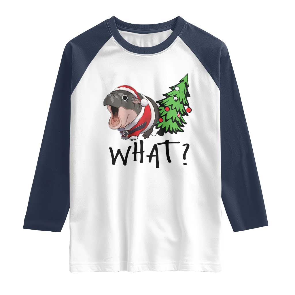 Funny Christmas Moo Deng Raglan Shirt What Baby Hippo Pushing Christmas Tree