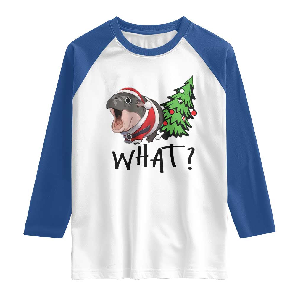 Funny Christmas Moo Deng Raglan Shirt What Baby Hippo Pushing Christmas Tree
