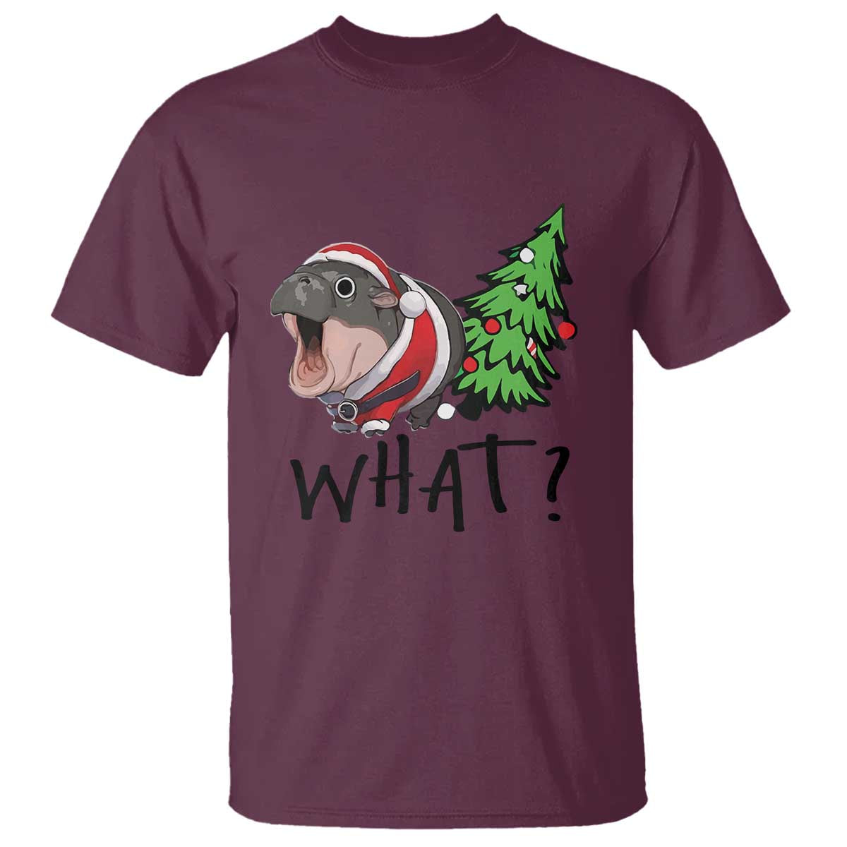 Funny Christmas Moo Deng T Shirt What Baby Hippo Pushing Christmas Tree - Wonder Print Shop