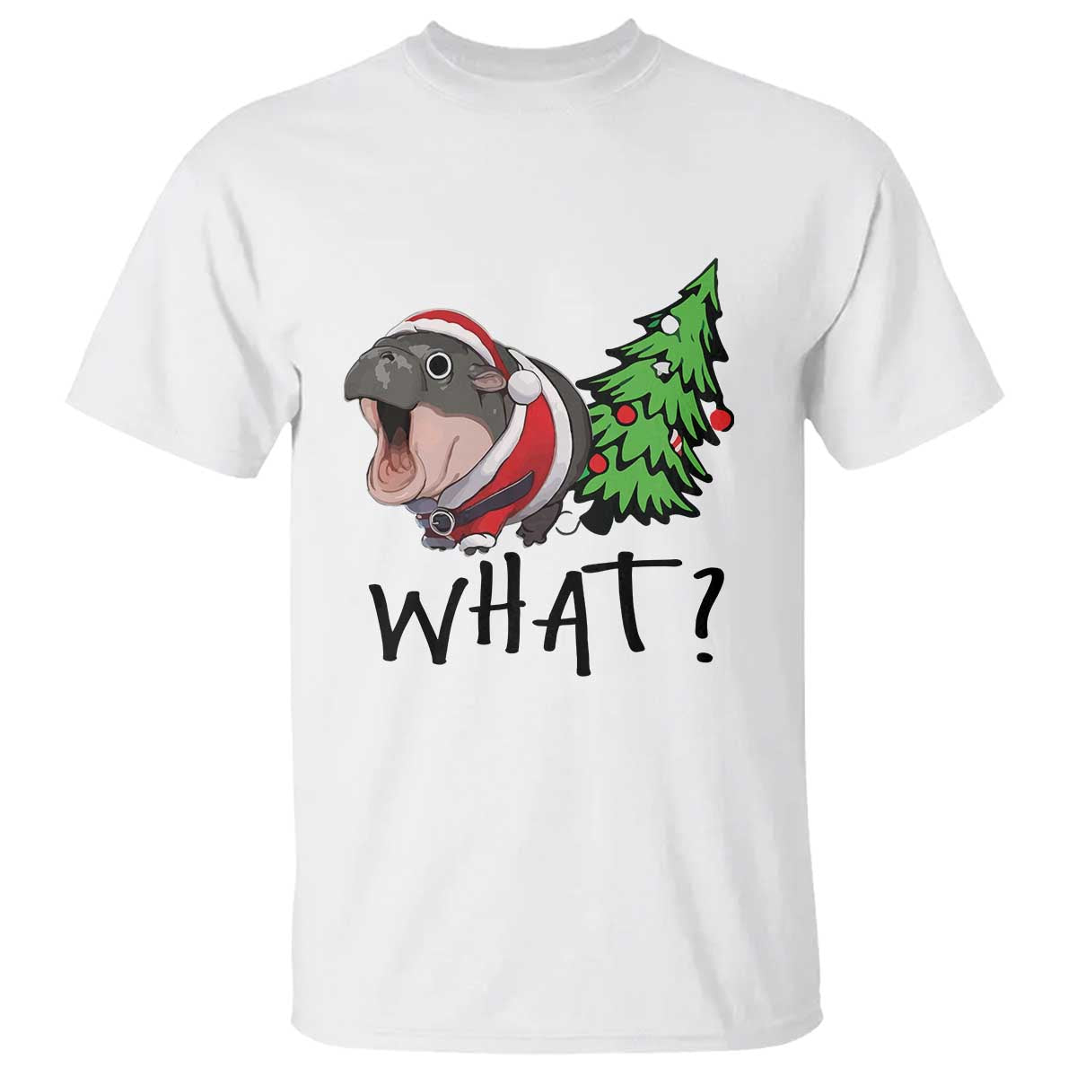 Funny Christmas Moo Deng T Shirt What Baby Hippo Pushing Christmas Tree - Wonder Print Shop