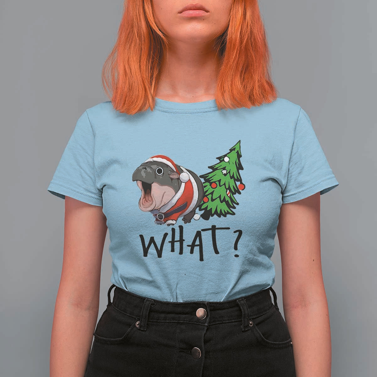 Funny Christmas Moo Deng T Shirt For Women What Baby Hippo Pushing Christmas Tree - Wonder Print Shop