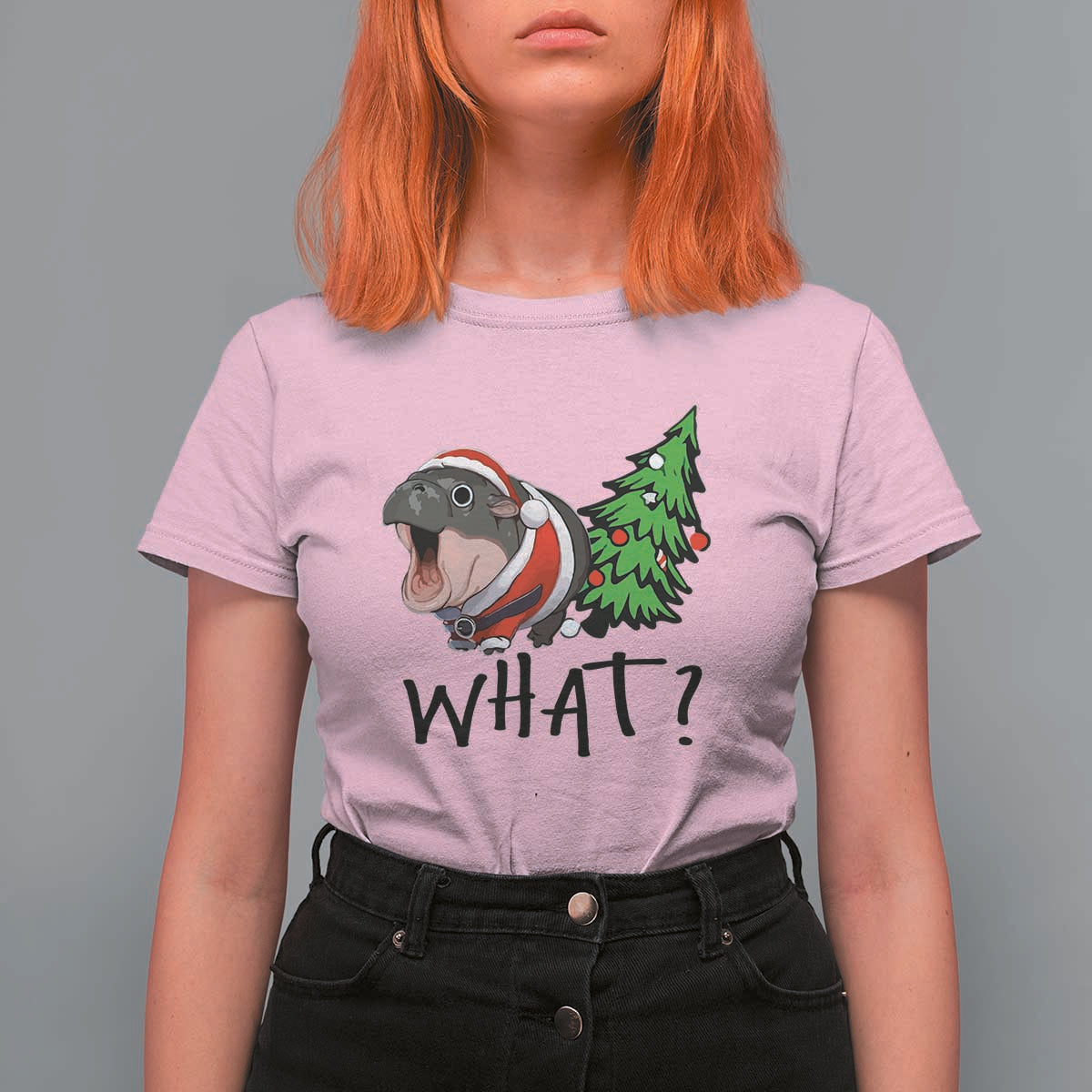 Funny Christmas Moo Deng T Shirt For Women What Baby Hippo Pushing Christmas Tree - Wonder Print Shop
