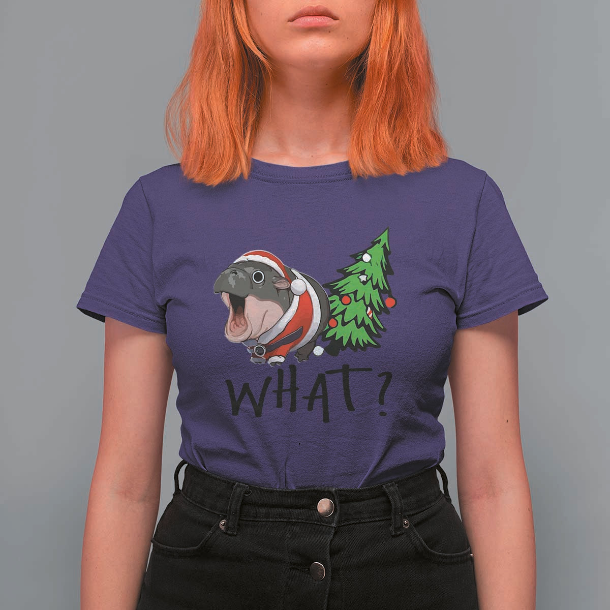 Funny Christmas Moo Deng T Shirt For Women What Baby Hippo Pushing Christmas Tree - Wonder Print Shop