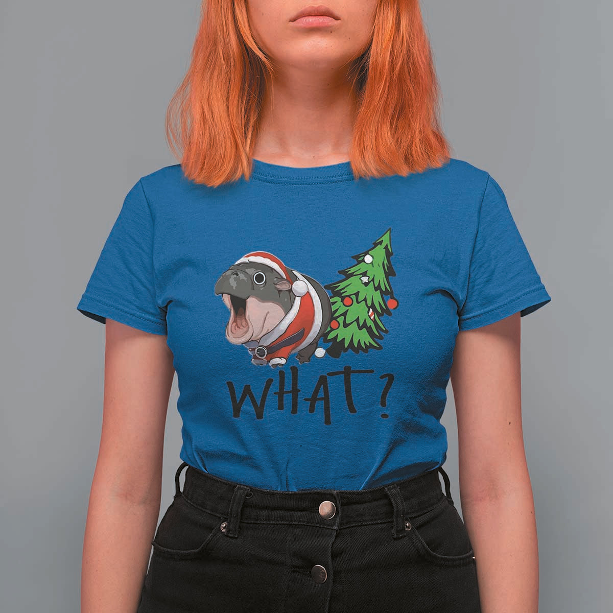 Funny Christmas Moo Deng T Shirt For Women What Baby Hippo Pushing Christmas Tree - Wonder Print Shop
