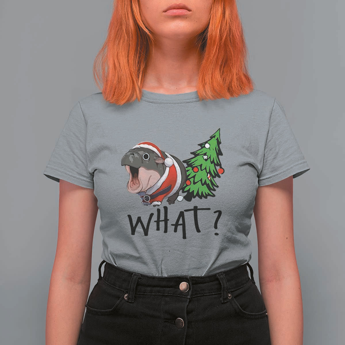 Funny Christmas Moo Deng T Shirt For Women What Baby Hippo Pushing Christmas Tree - Wonder Print Shop