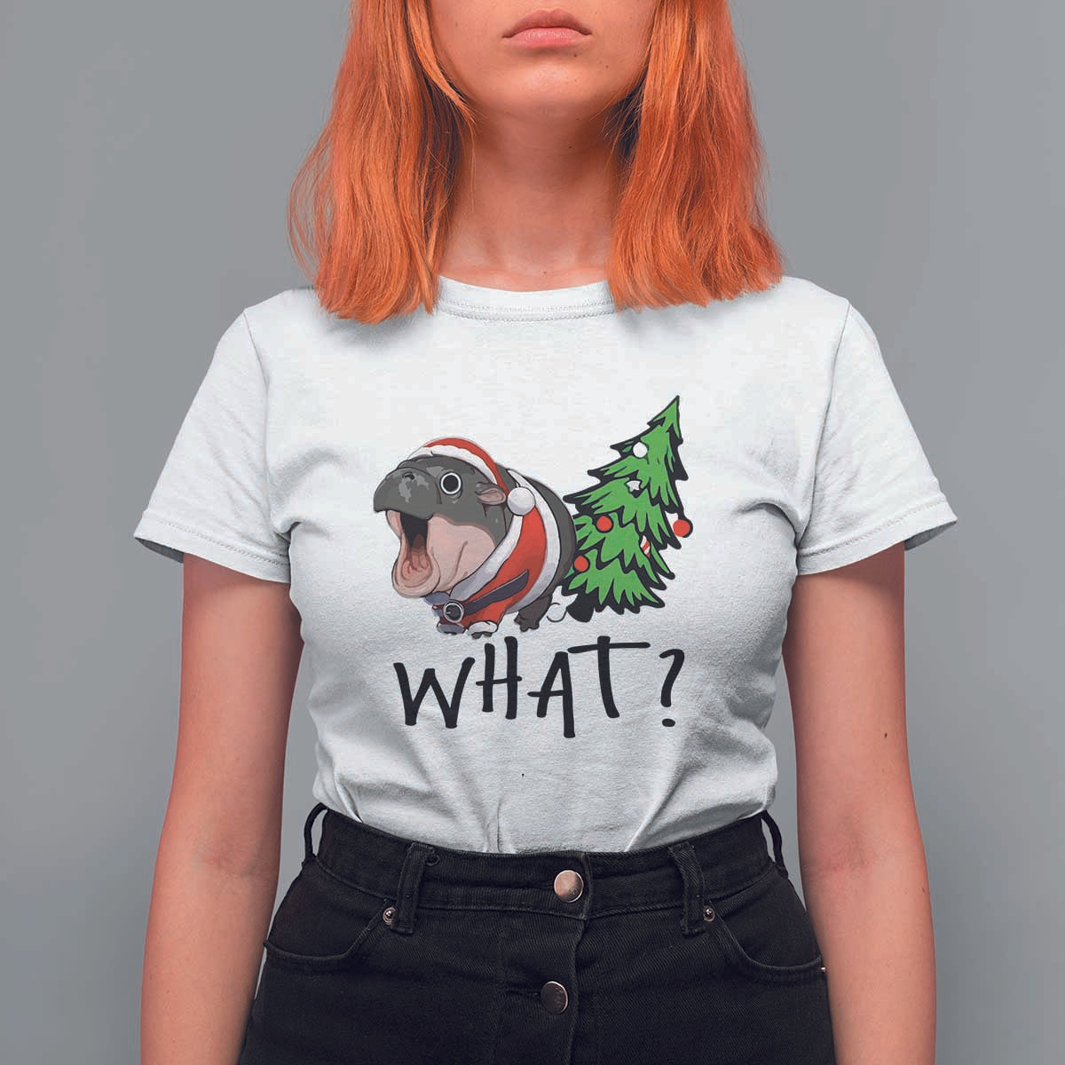 Funny Christmas Moo Deng T Shirt For Women What Baby Hippo Pushing Christmas Tree - Wonder Print Shop