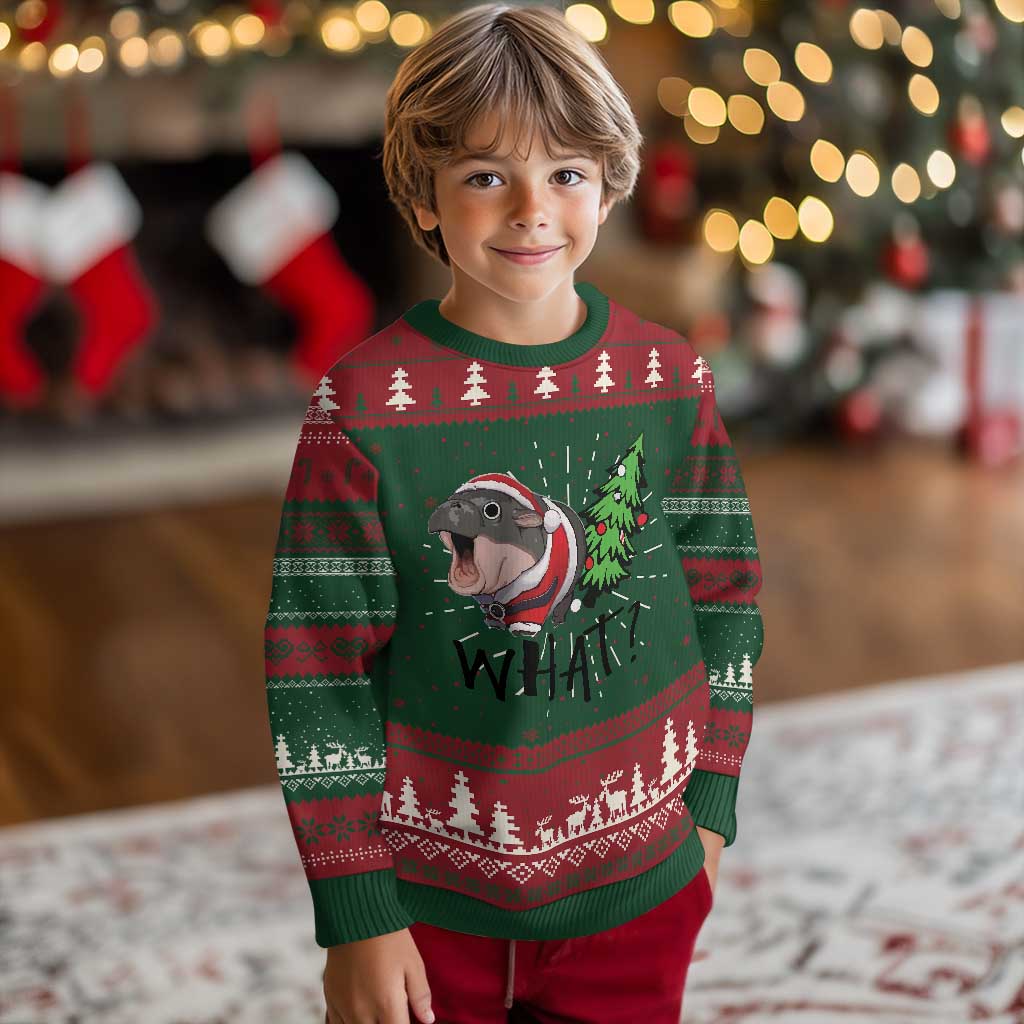 Funny Xmas Moo Deng Ugly Christmas Sweater What Baby Hippo Pushing Christmas Tree - Wonder Print Shop
