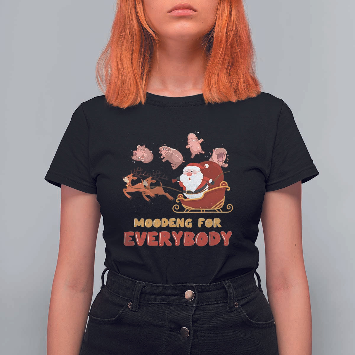 Funny Christmas Moo Deng For Everyone T Shirt For Women Cute Baby Hippo Santa Reindeer - Wonder Print Shop