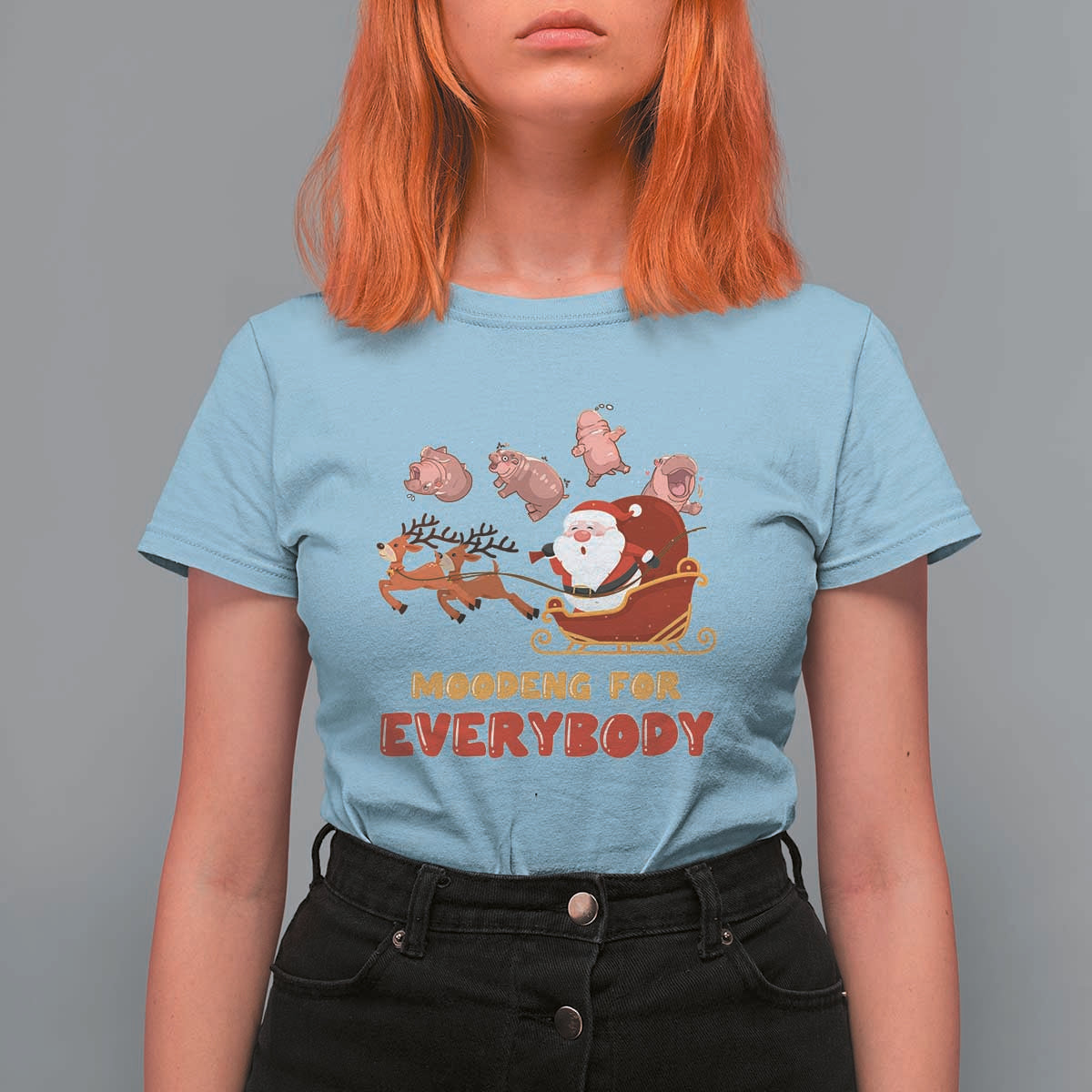 Funny Christmas Moo Deng For Everyone T Shirt For Women Cute Baby Hippo Santa Reindeer - Wonder Print Shop