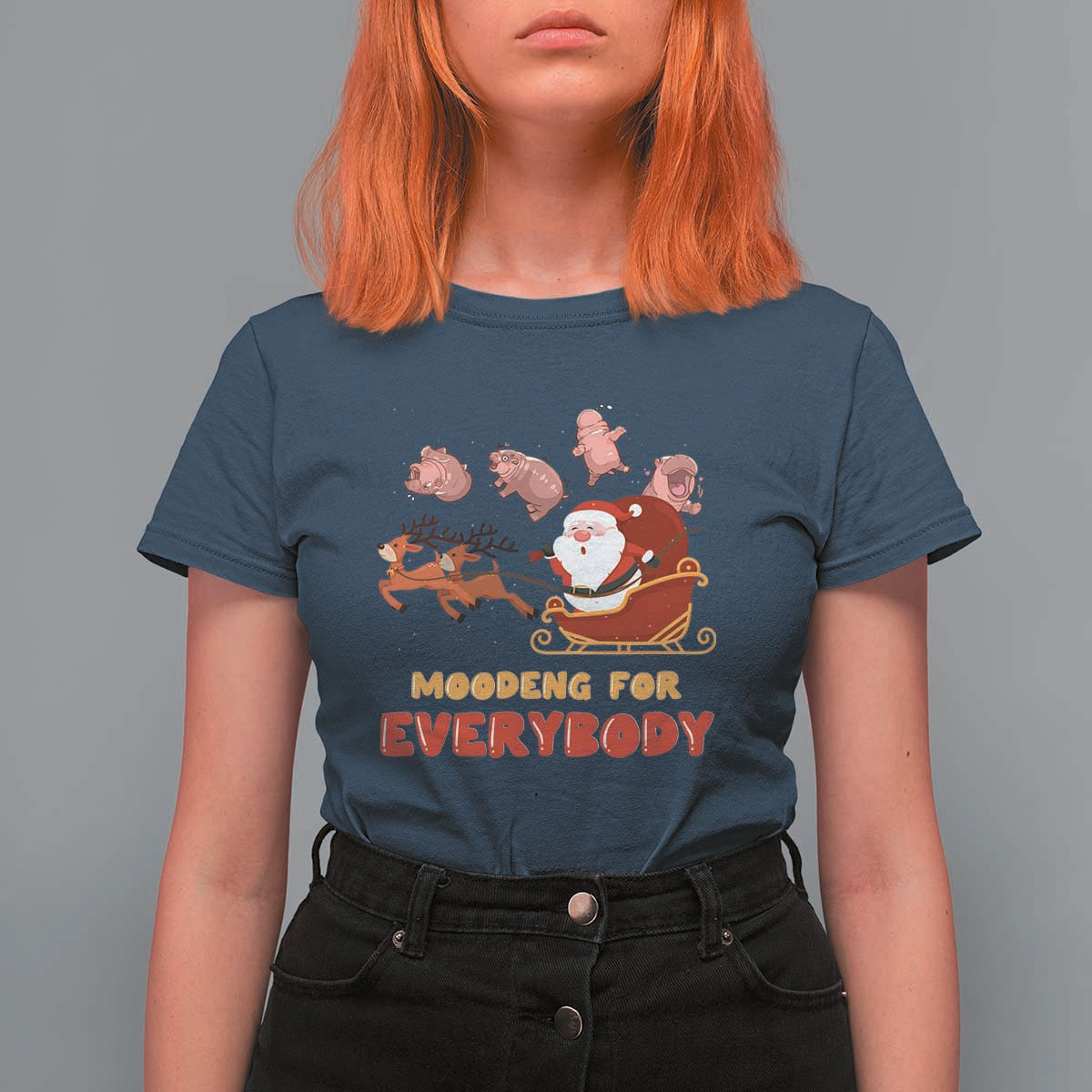 Funny Christmas Moo Deng For Everyone T Shirt For Women Cute Baby Hippo Santa Reindeer - Wonder Print Shop