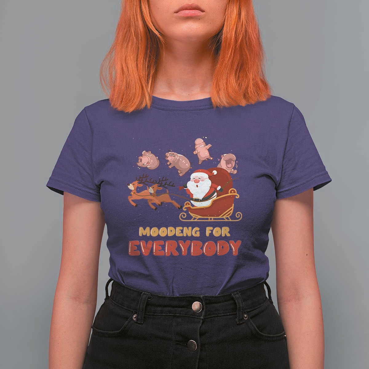 Funny Christmas Moo Deng For Everyone T Shirt For Women Cute Baby Hippo Santa Reindeer - Wonder Print Shop