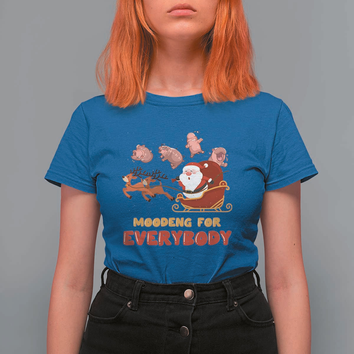 Funny Christmas Moo Deng For Everyone T Shirt For Women Cute Baby Hippo Santa Reindeer - Wonder Print Shop
