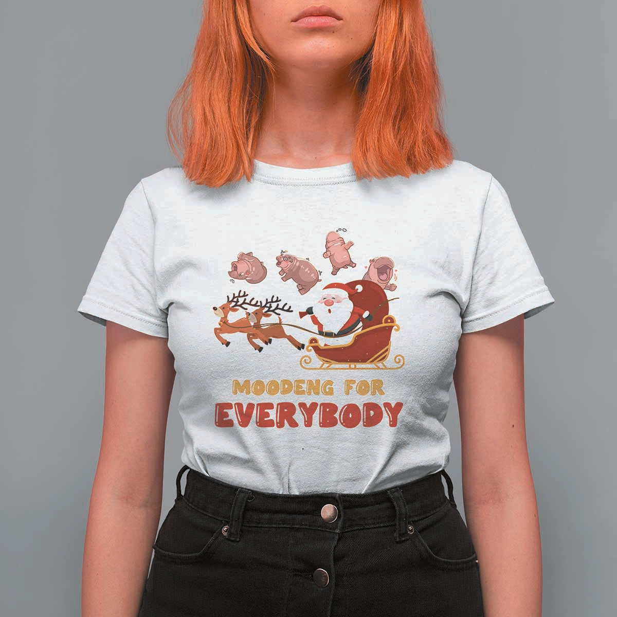 Funny Christmas Moo Deng For Everyone T Shirt For Women Cute Baby Hippo Santa Reindeer - Wonder Print Shop
