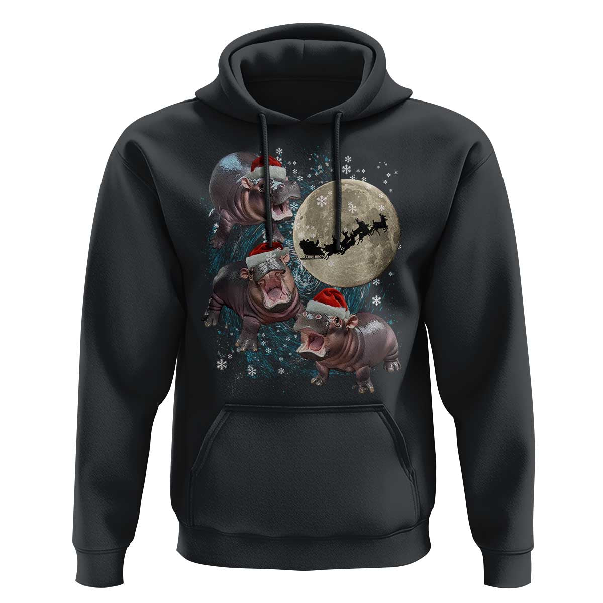 Funny Christmas Moo Deng Hoodie Baby Hippo Santa Sleigh Galaxy Outer Space
