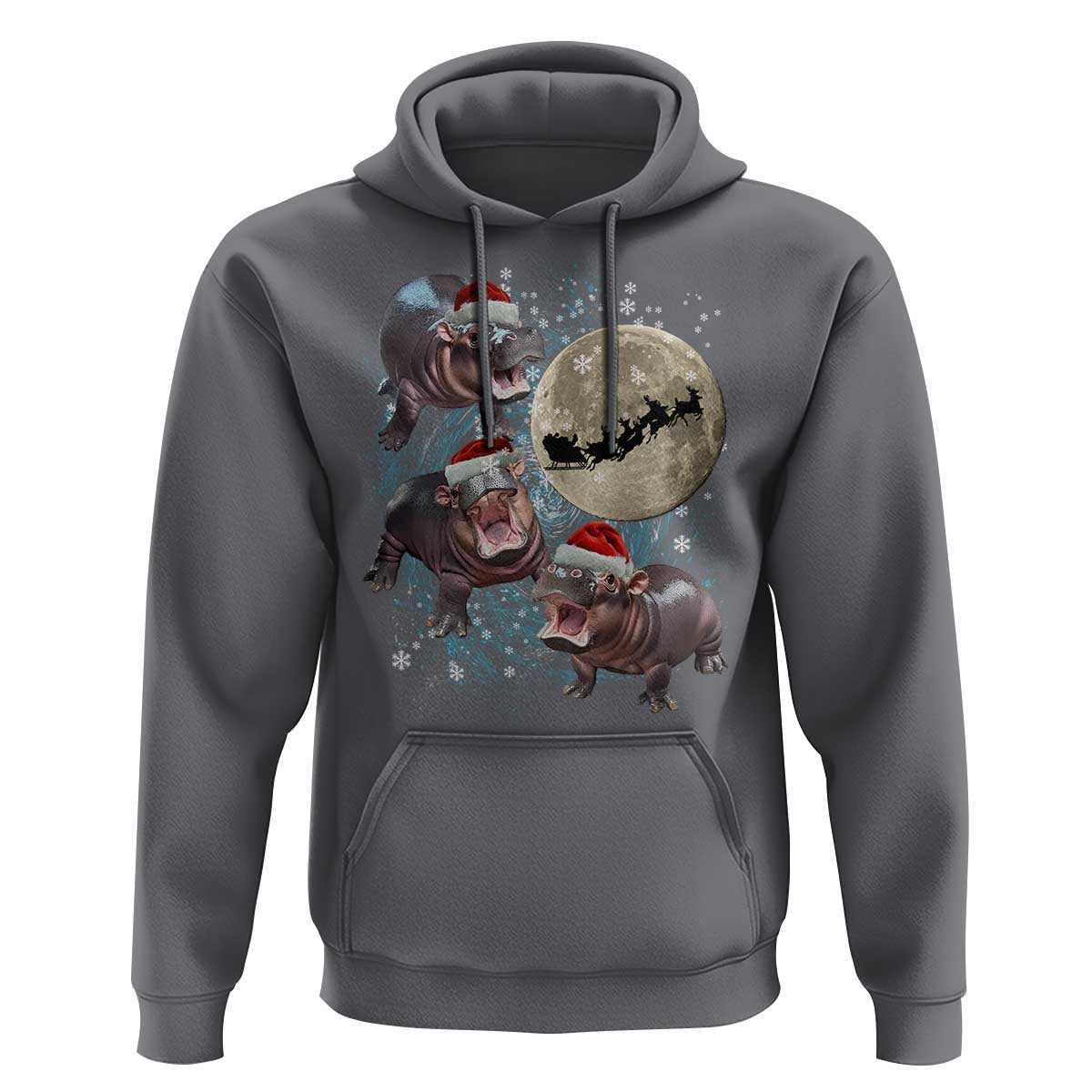 Funny Christmas Moo Deng Hoodie Baby Hippo Santa Sleigh Galaxy Outer Space