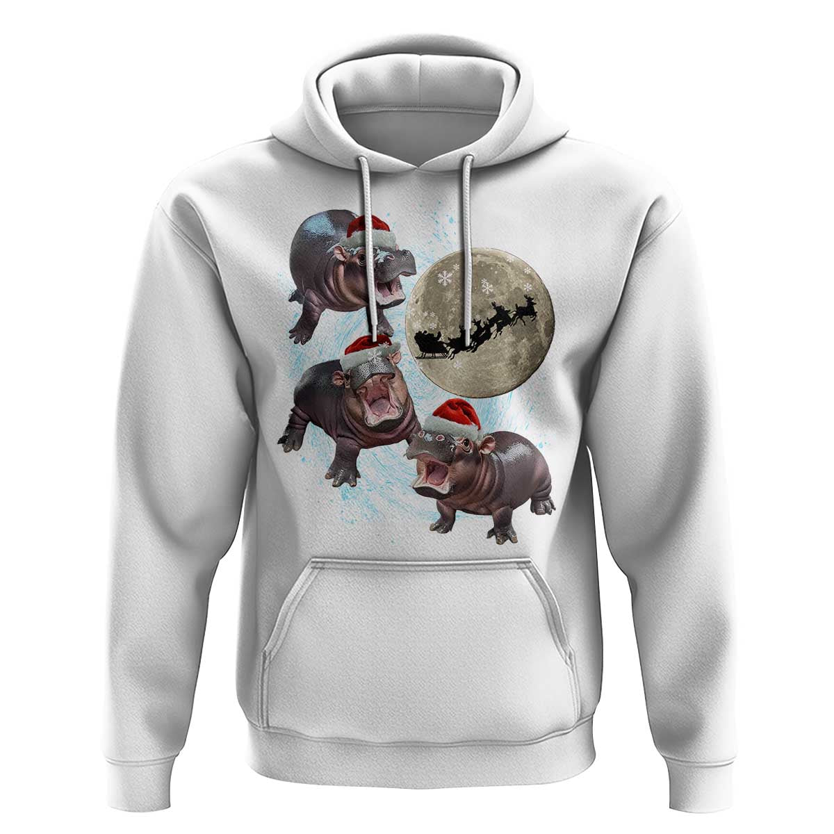 Funny Christmas Moo Deng Hoodie Baby Hippo Santa Sleigh Galaxy Outer Space