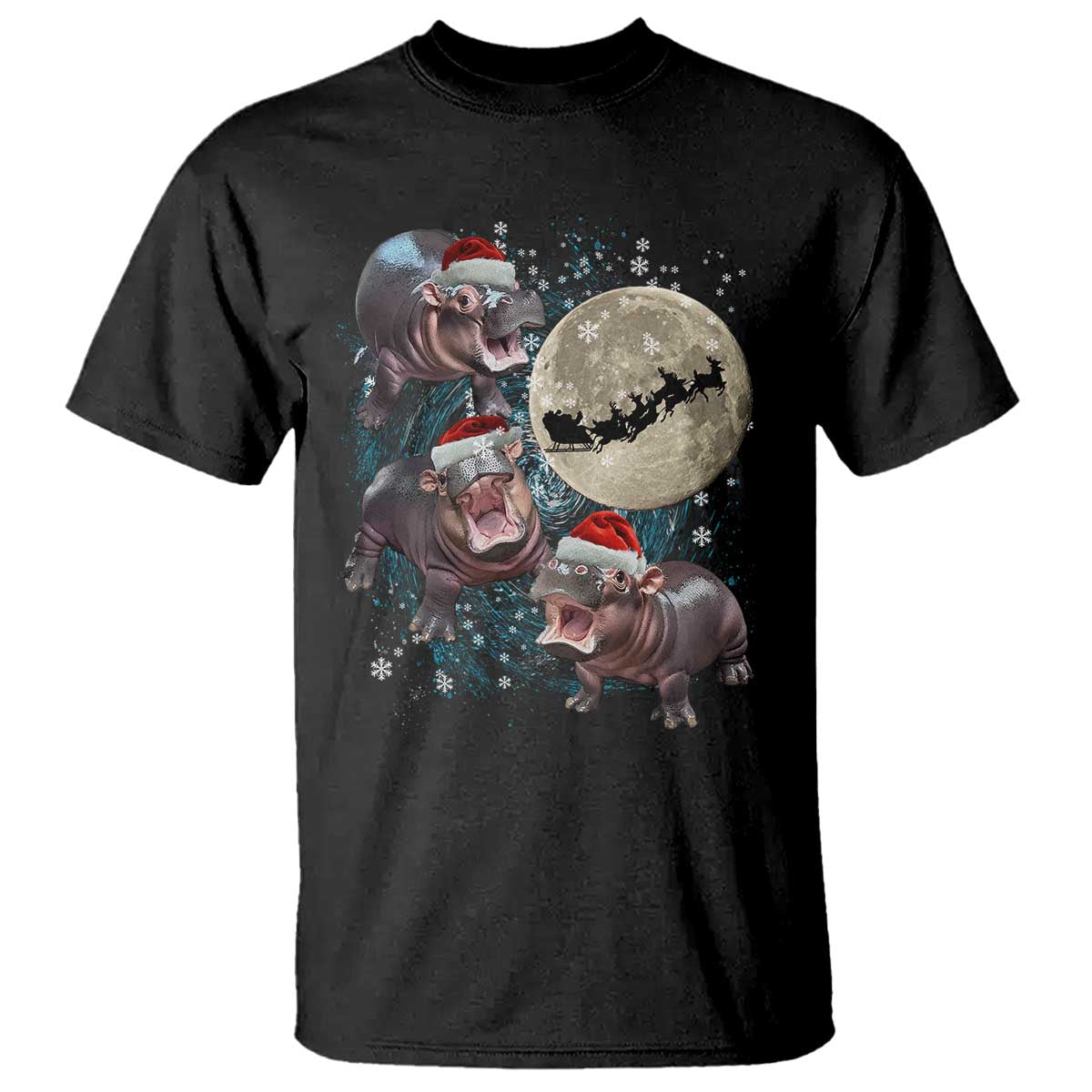 Funny Christmas Moo Deng T Shirt Baby Hippo Santa Sleigh Galaxy Outer Space - Wonder Print Shop