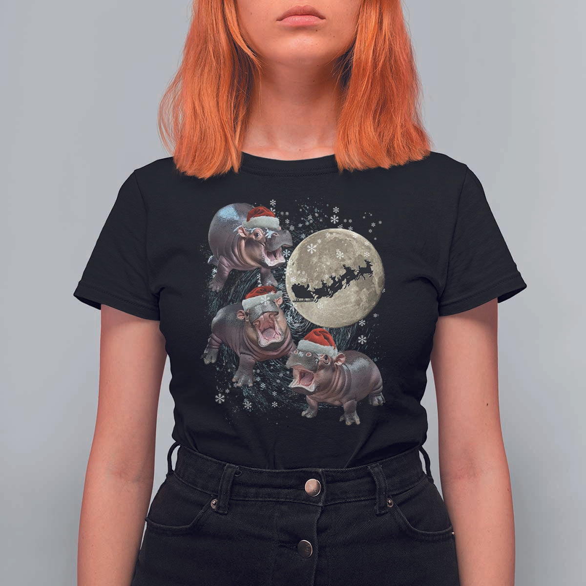 Funny Christmas Moo Deng T Shirt For Women Baby Hippo Santa Sleigh Galaxy Outer Space - Wonder Print Shop