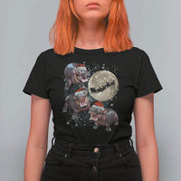 Funny Christmas Moo Deng T Shirt For Women Baby Hippo Santa Sleigh Galaxy Outer Space - Wonder Print Shop