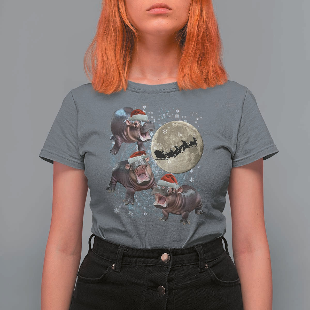 Funny Christmas Moo Deng T Shirt For Women Baby Hippo Santa Sleigh Galaxy Outer Space - Wonder Print Shop