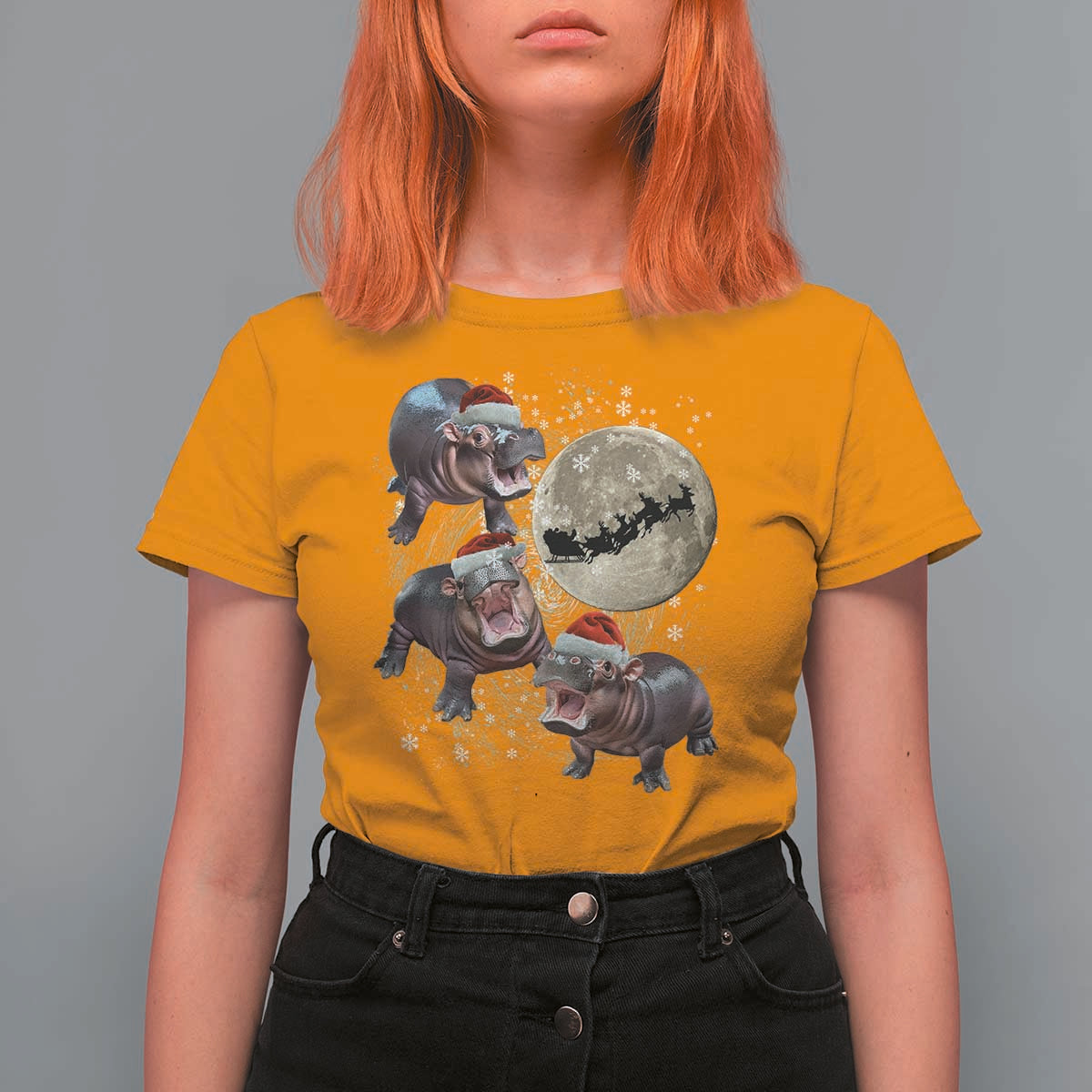 Funny Christmas Moo Deng T Shirt For Women Baby Hippo Santa Sleigh Galaxy Outer Space - Wonder Print Shop