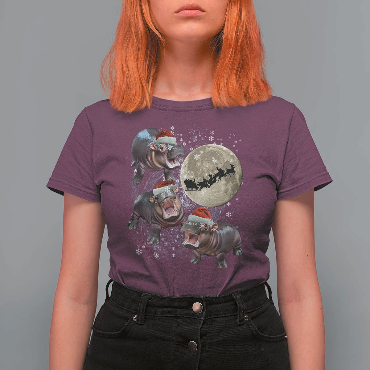 Funny Christmas Moo Deng T Shirt For Women Baby Hippo Santa Sleigh Galaxy Outer Space - Wonder Print Shop