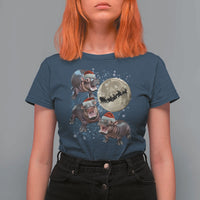 Funny Christmas Moo Deng T Shirt For Women Baby Hippo Santa Sleigh Galaxy Outer Space - Wonder Print Shop