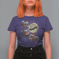 Funny Christmas Moo Deng T Shirt For Women Baby Hippo Santa Sleigh Galaxy Outer Space - Wonder Print Shop