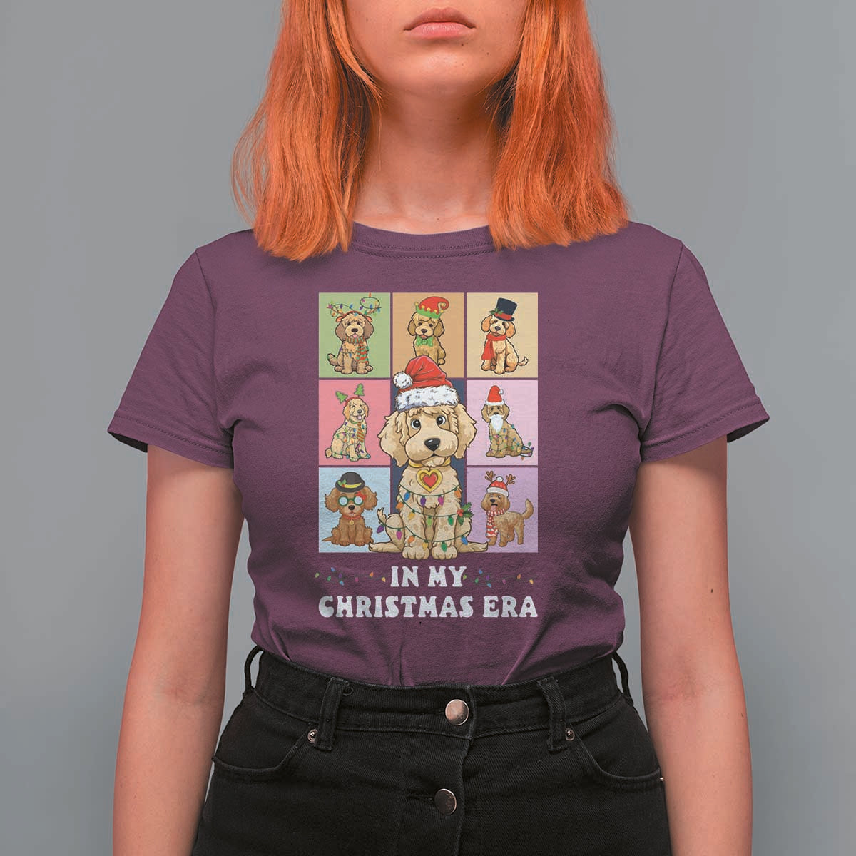Funny Xmas Dog T Shirt For Women Santa Golden Doodle In My Christmas Era - Wonder Print Shop