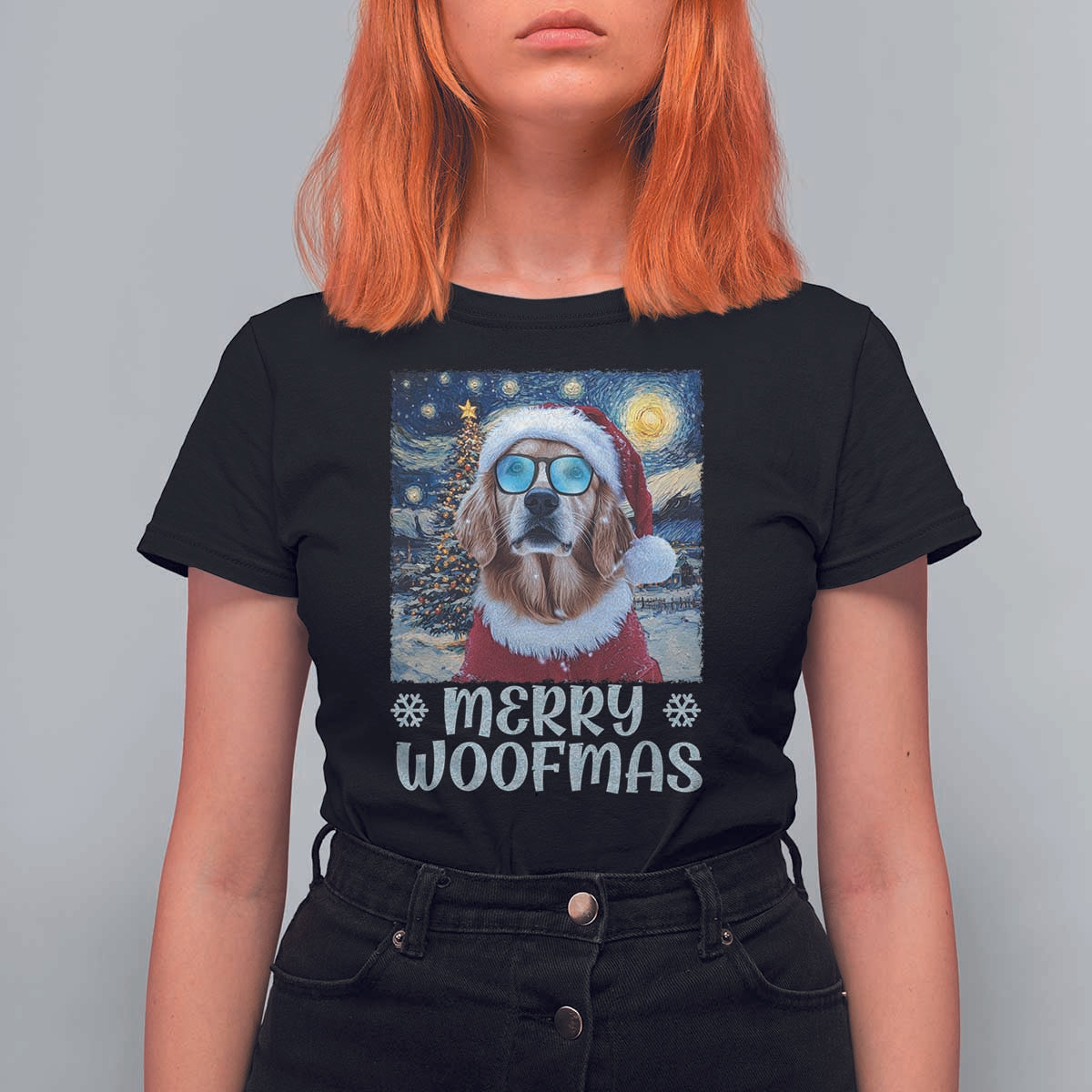 Funny Xmas Golden Retriever T Shirt For Women Merry Woofmas Christmas Starry Night Dog Lover - Wonder Print Shop