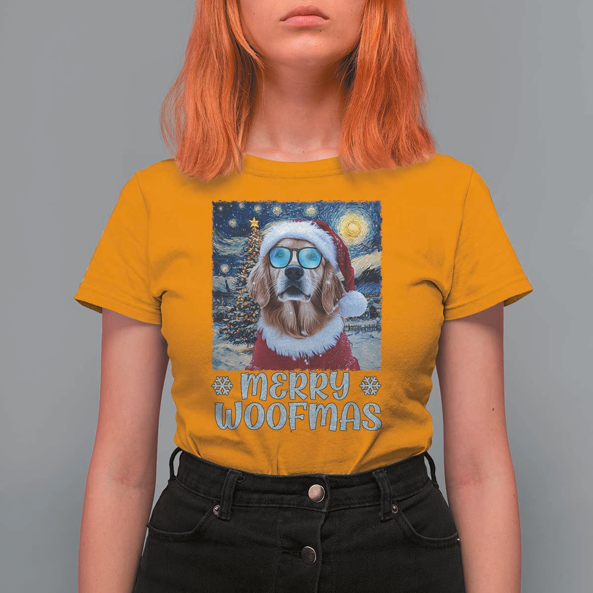 Funny Xmas Golden Retriever T Shirt For Women Merry Woofmas Christmas Starry Night Dog Lover - Wonder Print Shop