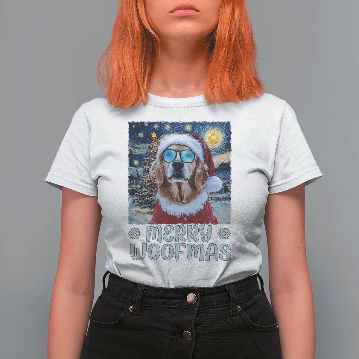 Funny Xmas Golden Retriever T Shirt For Women Merry Woofmas Christmas Starry Night Dog Lover - Wonder Print Shop