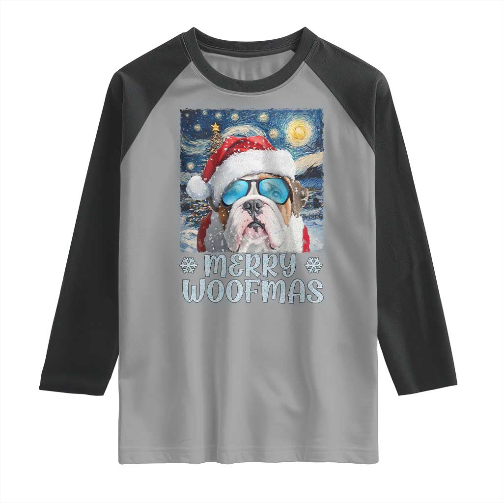 Funny Xmas Bulldog Raglan Shirt Merry Woofmas Christmas Starry Night Dog Lover